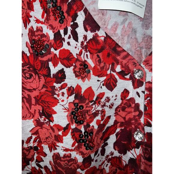 Quacker Factory Sweater Cardigan Womens Medium Christmas Floral Gem Buttons Rose - Picture 5 of 10